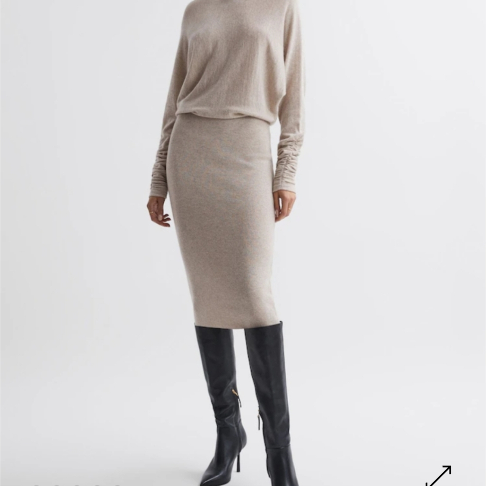 REISS Leila Ruched Sleeve Midi Dress in neutral, size L EUC, worn twice! - Picture 1 of 5